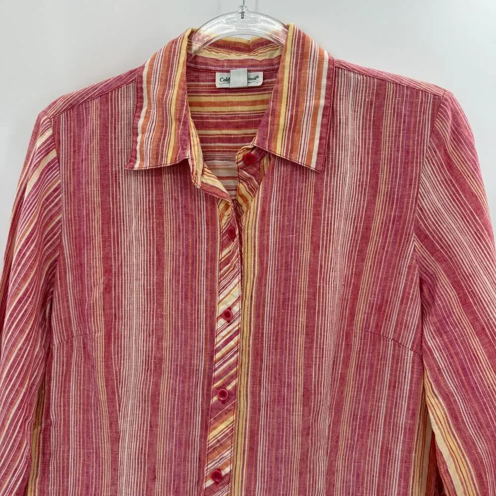 COLDWATER CREEK Linen Striped Shirt Size M 3/4 Sleeve Top Shirt Tail Hem Sunset
